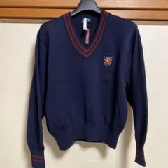 レディース　学生風Vネックニット　ネイビー　紺色　毛100%のサムネイル