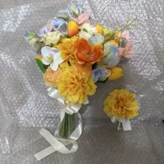 造花 ハンドメイド オレンジ×ホワイトクラッチブーケ☆ブートニア