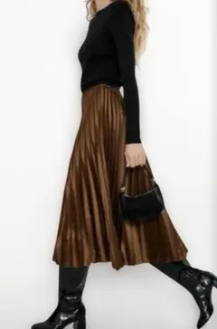 ZARA サテンパネルスカート ブラウン プリーツロングスカートMサイズ
