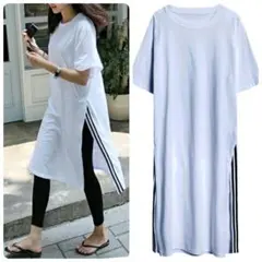 TaoYin　韓国　サイドスリット　サイドライン　ロング　Ｔシャツワンピース