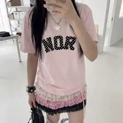 NOR ドット柄ロゴ 半袖Tシャツ ピンク
