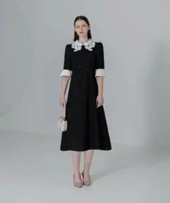 【leja】花柄レースカラースパンコールAラインワンピースドレス