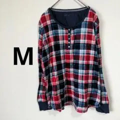 【M】　チェック　長袖　Tシャツ　カットソー　赤　ネイビー