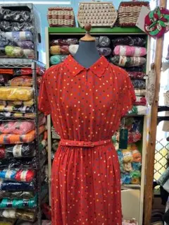 ビンテージ レディース 赤 ドット ドレス ワンピース 古着 日本 昭和レトロ