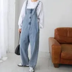 美品 アンドミー サロペット ツイルフロントジップ デニム ゆったり