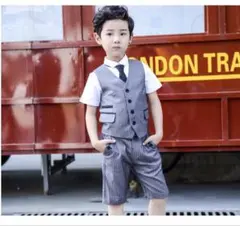 男の子 フォーマルスーツ 4点セット 160cm グレー ストライプ