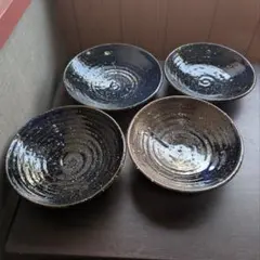 【芝真路 作】中皿 4枚セット 径16.2〜17.4cm 渦模様 藍色 陶芸