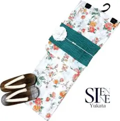 浴衣ジェンヌ 新作 浴衣5点セット 白地にオレンジやピンク系の小花 浴衣 兵児帯