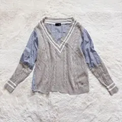 グランターブル ニットドッキングプルオーバー ケーブル編み Vネック ストライプ