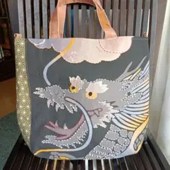 柿渋染手ぬぐいリメイクバッグ　刺子　ハンドメイド　昇り龍のサムネイル