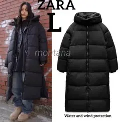 新品　2024aw ZARA 撥水　耐風　フード　ロング　ダウンコート　L 黒