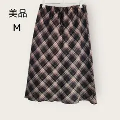 美品 膝丈 スカート チェック柄 ゴム式 M