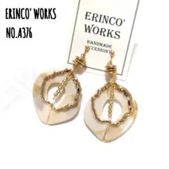 ★A376 大ぶり ピアス ベージュ マーブル ゴールド【イヤリングへ変更可能】