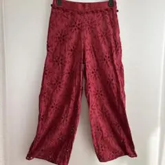 ZARA trf 赤色 総レース ワイドパンツ 夏にぴったり！アイレット刺繍S
