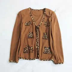 b イタリヤ カーディガン アニマル 刺繍 レオパード ヒョウ柄 レトロ 茶