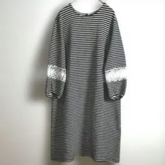 【ピクシーハート】 ボーダー柄 ワンピース チュニック L レース切り替袖