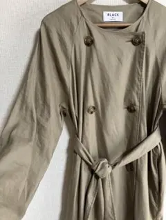 【美品】ブラック マウジー　麻 カーキ ノーカラー ロングトレンチコート 羽織り