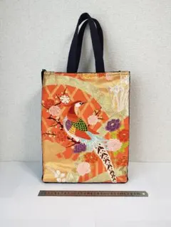 帯リメイク　ハンドメイド　縦長トートバッグ　肩掛け紐付き