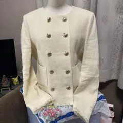 アイボリー ノーカラーダブルブレストジャケット麻100%デュアルヴュー40M〜L