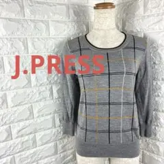 J.PRESS グレー チェック柄 ニットセーターＭ　毛100%