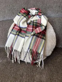 タータンチェック 肌触りの良いマフラー ホワイト　レッド ストール