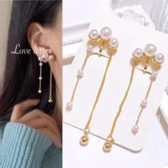 No.450 3連パールチェーンイヤリング 韓国 上品 高見え