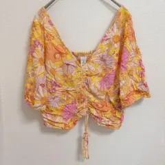 H&M 花柄 シャーリング ブラウス L イエロー ピンク 2wayクロップド丈