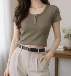 GUクロップド丈Tシャツ ワッフルTシャツ Mサイズ