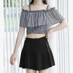 水着 オフショルダーチェック柄水着韓国風 ギンガムチェック セパレート水着