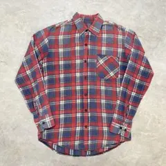 プリネル ナス紺 赤 フェード プリントネル チェックシャツ 古着