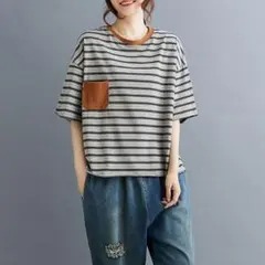 2色 レディース ラウンドネック 配色 Tシャツ ボーダー柄 カジュアル