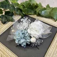 ドライフラワー髪飾り　結婚式成人式七五三　浴衣髪飾り　ブルーホワイトリボン