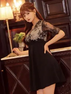 デイジーストア　ヌーディーウエストフラワーレース刺繍Aラインミニドレス