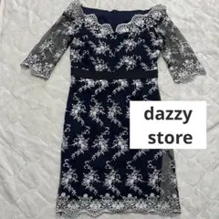 ネイビー オフショルダー 花柄ミニドレス