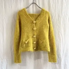 ヴィンテージ モヘア ニット カーディガン フード付き イエロー 古着 Sサイズ