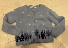 ファミリア　カーディガン 90 ウール93% 街並み刺繍 ラメ ブルー