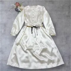 ヴィンテージ サテンワンピース アイボリー パールボタン ベルト付 Mセレモニー