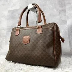 美品 セリーヌ PVC ハンドバッグ マカダム柄 ロゴプレート ミニボストン 茶