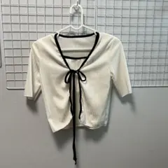 リボン付きストライプ半袖トップス　インナーキャミソール付き