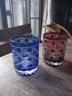 カットガラス 青赤グラスセット