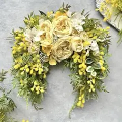 ミモザとバラの馬蹄型リース/春/ナチュラル/インテリア/造花/No.25_140