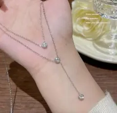 N-131S Yラインネックレス シルバー チタン製 2連風 ジルコニア 高見え