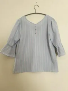 【MISCH MASCH】水色ストライプ五分袖ブラウス　M 腕周り細身