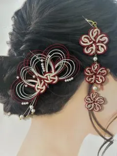 《セットでお得》和装　髪飾り　水引　かんざし　ヘアピン　赤（ラメ）×ゴールド