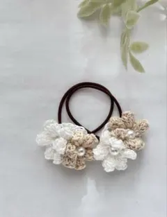 再販511☆子ども用ヘアゴム ハンドメイド　ベージュ＆ホワイト　ナチュラル系