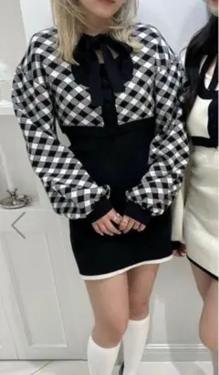 bubblesオープンニットアンサンブルワンピースチェック柄リボン付き長袖 黒