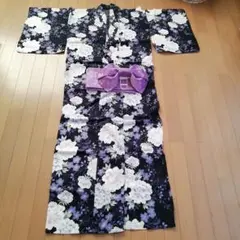 黒と紫の花柄 浴衣と帯セット