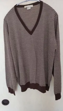 JOHNSMEDLEY 茶色とクリームのストライプ Vネックセーター L