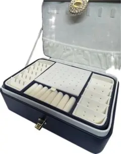 新品大容量ジュエリーボックス 2層式 PUレザー 北欧風 アクセサリーブルー