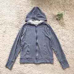 【Navy】フード付きジップアップパーカー ストライプ トップス 羽織り 春夏秋